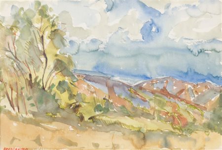 ALDO PECORAINO (1927) ACQUARELLO "paesaggio". Misure: cm 45 x 30