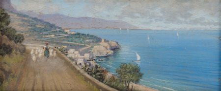 OLIO su masonite "costa napoletana". XX secolo Misure: cm 24 x 10