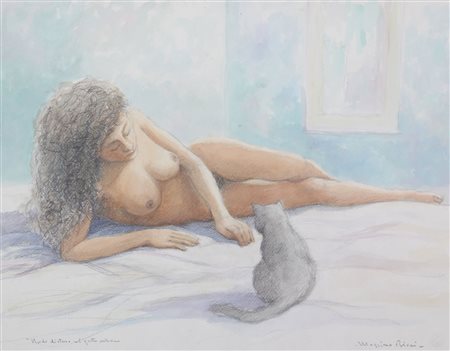 Ricci Massimo Nudo Disteso col Gatto Certosino tecnica mista su carta, cm....