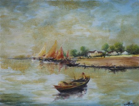 Merli (autore non identificato) Paesaggio olio su cartoncino telato, cm....