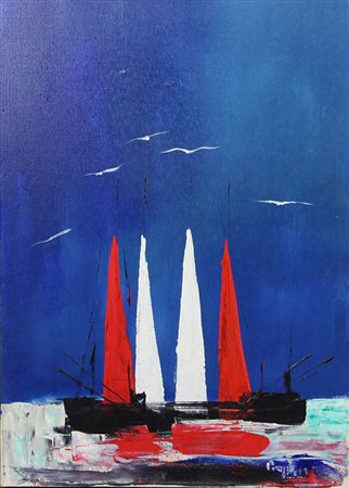 Anonimo Veliero olio su tela, cm. 70x50 firma indecifrata in basso a destra e...