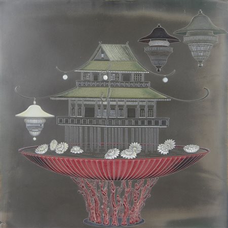 Massini Claudio Sedici Ninfee di Madreperla, 2005 encausto su tela, cm. 50x50...