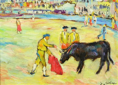 Scolaro D. (artista non identificato) Corrida olio su tavola, cm. 25x34...