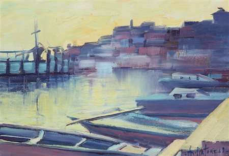 Pistoresi Alberto Porticciolo in Controluce, 1986 olio su tavola, cm. 23x33...