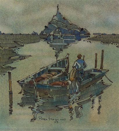 Morino Beppe Mont St. Michel, 1983 tecnica mista su carta, cm. 45x42 firmata...