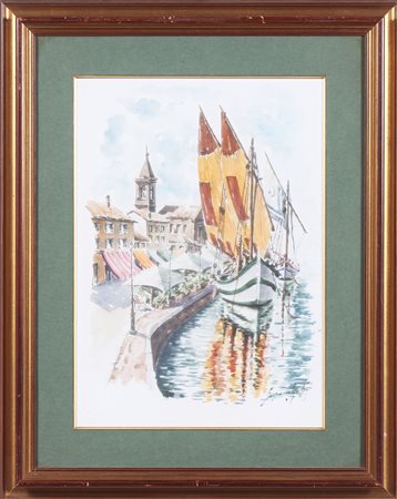 MOLTENI GIANFRANCO Canale Cesenatico Burchiello. Acquarello su carta. Cm...