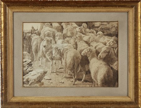 ANONIMO Pecore. China su carta. Cm 32,00 x 22,00. Firmato e datato 1922 in...