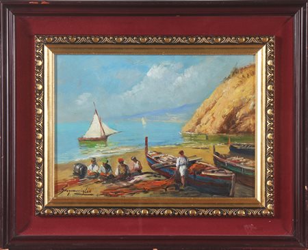 SCOGNAMIGLIO GIUSEPPE (1901 - 1985) Golfo con pescatori. Olio su compensato....