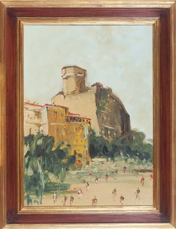 CAPPELLO EMANUELE (n. 1936) Figure in città. Olio su tela . Cm 50,00 x 70,00....