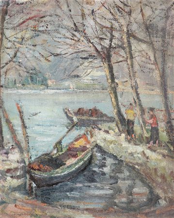 DOLCI MARTINO (1912 - 1994) Figure e barche. 1952. Olio su tela . Cm 25,00 x...