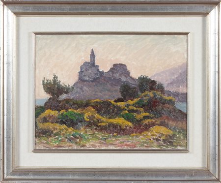 SALERI GABRIELE (n. 1927) Rocca e chiesa al tramonto. 1974. Olio su tela . Cm...