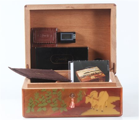 MANIFATTURA Scatola deumidificatore per sigari. Legno, radica e pelle. Cm...