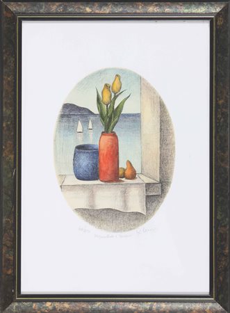 MASI ROBERTO (1940 - 2011) Vasi sulla finestra. Litografia ritoccata a mano....