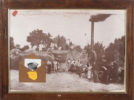 POZZATI CONCETTO (n. 1935) Un paese. Litografia e collage. Cm 70,00 x 50,00....