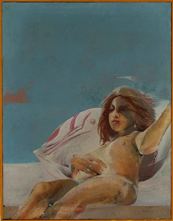 MARTINELLI GIUSEPPE (n. 1930) Sul cuscino di gomma. 1974. Tecnica mista su...