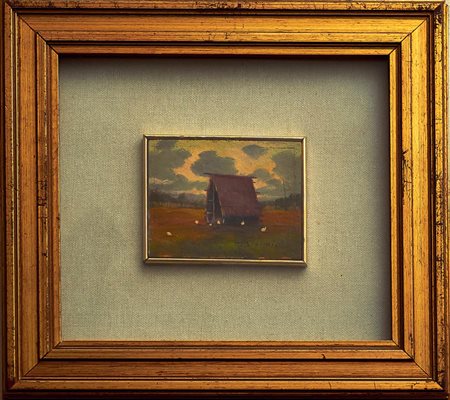 FRANCO BIONDI Capanna al tramonto Olio su tavola cm. 8x10 Firma in basso a...