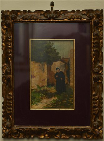 ZINI Donna in giardino Olio su tavola cm. 15,5x10 Firma in basso a sinistra