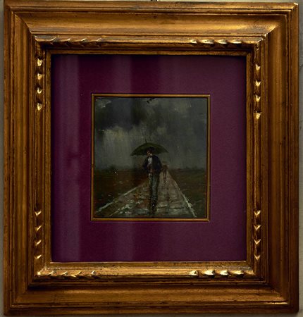 IGNOTO Sotto la pioggia Olio su tavola cm. 10,5x10,5 Firma illeggibile in...