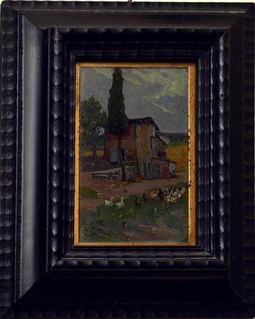 IGNOTO Sull’aia Olio su cartone cm. 15,5x9,5 Firma illeggibile in basso a...