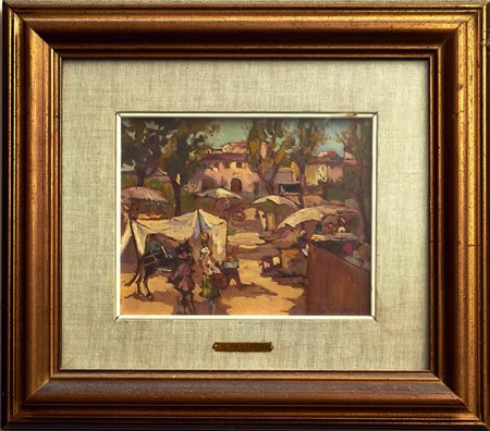 CARLO FABBRINI Mercatino, 1973 Olio su cartone cm. 17x21 Firma in basso a...
