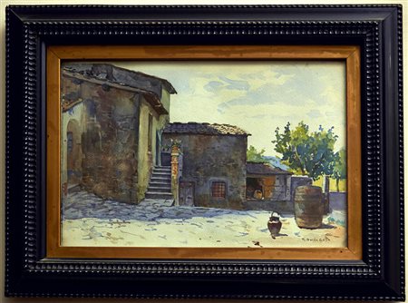 N. DELLA GATTA Cortile Acquarello su cartone cm. 20x30 Firma in basso a destra