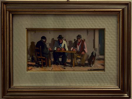 IGNOTO La partita a carte Olio su faesite cm. 15x30 Firma e data illeggibile...