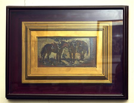 IGNOTO Cavalli Olio su tavola cm. 13x25 Firmato Bricchi sul retro Cornice...