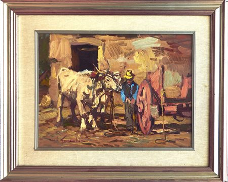 MASANIELLO LUSCHI Buoi al giogo Olio su tela cm. 30x40 Firma in basso a...