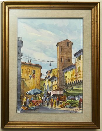 IGNOTO Mercato Acquarello cm. 50x35 Firma indecifrabile in basso a destra