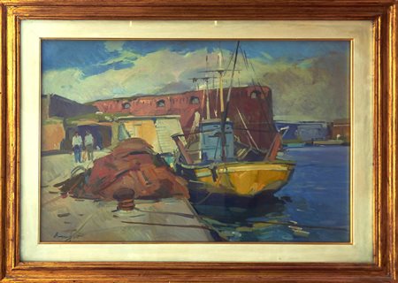 IGNOTO Il peschereccio Olio su faesite cm. 50x70 Firma illeggibile in basso a...