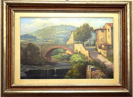 G. PONTICELLI Ponte alla Badia Olio su tela cm. 50x70 Firma sul retro