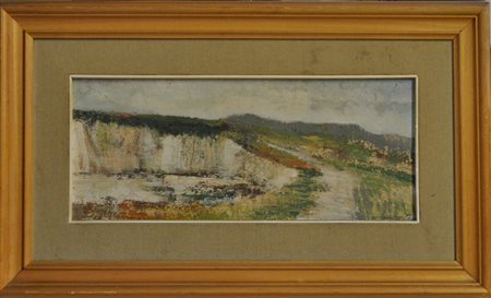 IGNOTO Paesaggio Olio su cartone cm. 20,5x47 Firma e data illeggibile in...