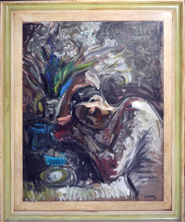 UMBERTO BONORA Figura addormentata, 1969 Olio su tavola cm. 90x75 Firma e...