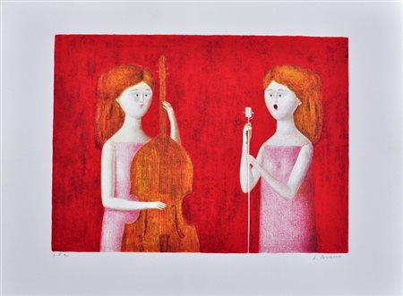 ANTONIO BUENO Lezione di musica Litografia a colori es. p.d.a cm. 50x70 Firma...
