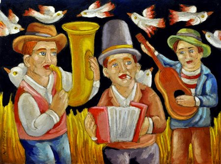 ROBERTO SGUANCI I suonatori Olio su cartone inciso cm. 30x40 Firma in basso a...