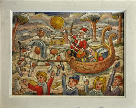 ROBERTO SGUANCI Natale contadino Olio su cartone inciso cm. 30x40 Firma in...