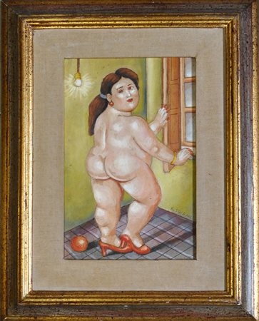 ROBERTO SGUANCI Omaggio a F. Botero – Nudino alla finestra Olio su cartone...