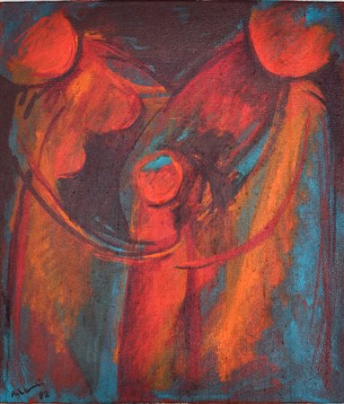 AMEDEO LANCI Famiglia, 1982 Olio su tela cm. 70x60 Firma e data in basso a...