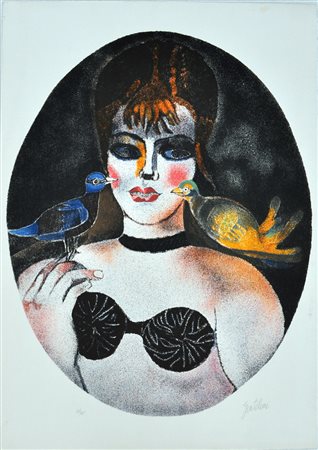 FRANCO GENTILINI Ragazza con gli uccelli Litografia a colori cm. 76x54,5 es....