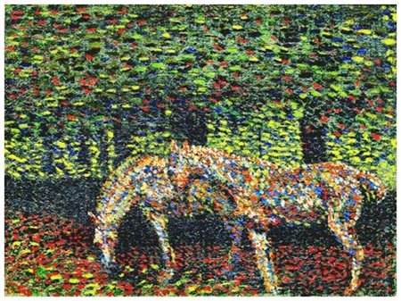 SANTI MACCHIA 1884 - 1964 Cavalli in pineta Olio su tela applicata a tavola...