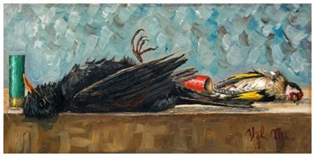 MARIO UGHI 1932 Merlo con cardellino 1960 Olio su tavola 17,2 x 35. Firma in...