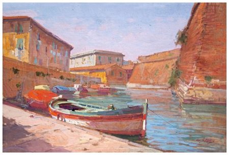 GIUSEPPE LANDI 1950 Scali presso la Fortezza Nuova, Livorno Olio 35 x 50....