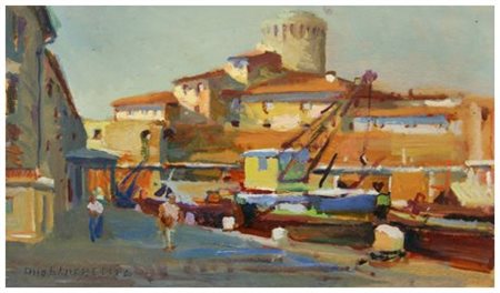 DINO BANCHELLI 1903 - 1974 Scali di sale e quartiere Venezia - Livorno Olio...