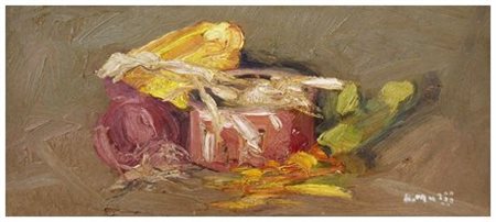 ALDO MAZZI 1937 Senza titolo Olio su tavola 19 x 43,5. Firma in b. a d.; sul...