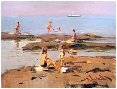 GIORGIO LUXARDO 1931 Scogliera all’Ardenza con bagnanti Olio su tavola 14,8 x...