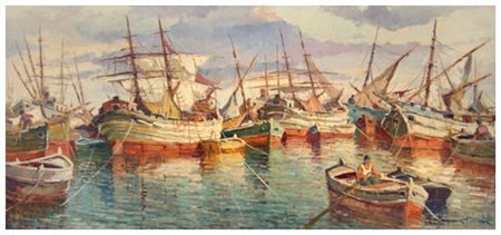 RENZO MARTINI 1889 - 1947 Barche e velieri 1972 Olio su tavola 70 x 150....