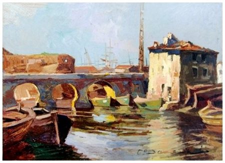 CARLO DOMENICI 1898 - 1981 Venezia, Livorno Olio su faesite 35 x 50. Firma in...