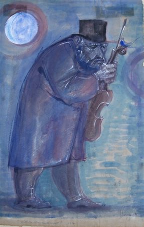 LONGARETTI TRENTO (Treviglio 1916) "Violinista notturno" 1971 Acquerello su...