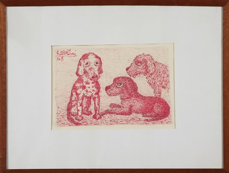 VIVIANI GIUSEPPE (1898 - 1965) Cani sulla spiaggia. 1948. Tecnica mista su...
