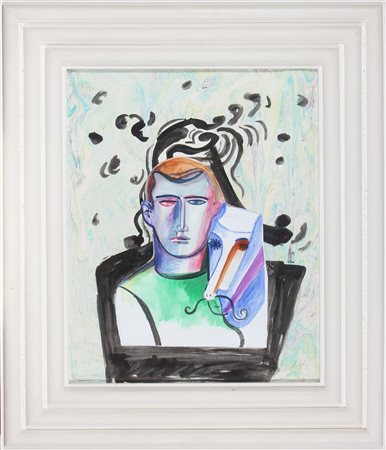 CHIA SANDRO (n. 1946) Ragazzo con cane. 1994. Olio e collage su cartone. Cm...